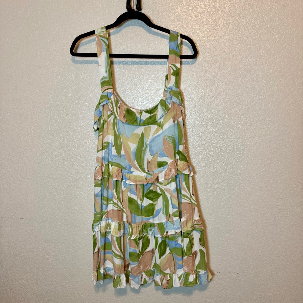 Girl And The Sun Ruffle Sun Dress Watercolor Leaf Print White Green Tan Size XL - Picture 14 of 14
